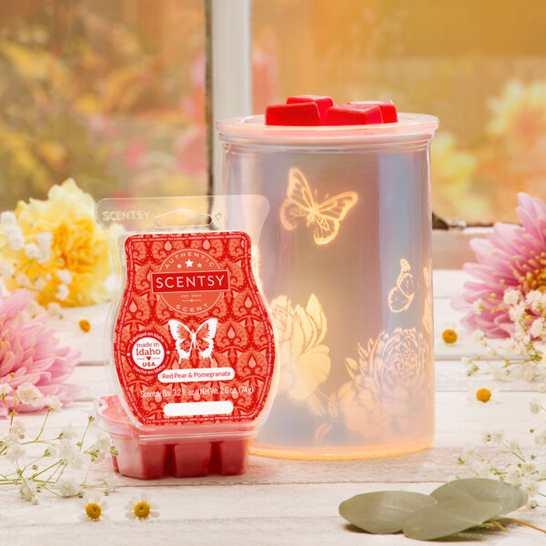 Get the Scentsy February 2021 Scent and Warmer of the Month, Cast - Pink with Spring Pack and Red Pear & Pomegranate, on sale NOW at getascent.com!